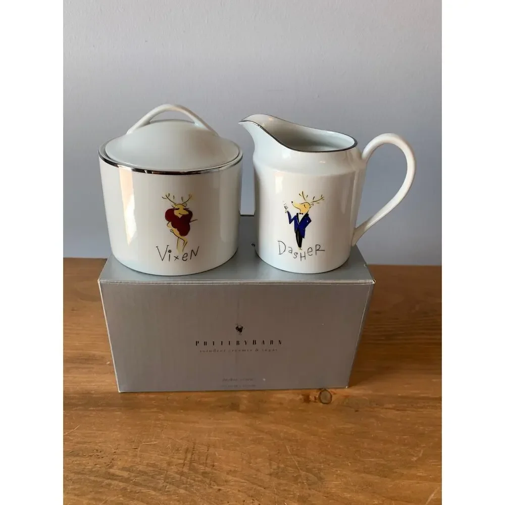 Pottery Barn Reindeer Vixen Dasher Creamer Sugar Bowl Set Christmas Porcelain